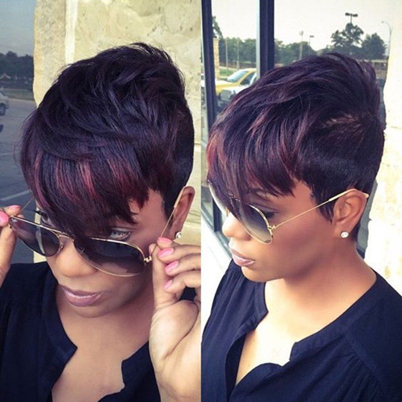

Short Inclined Bang Colormix Straight Synthetic Wig, Black + wine red