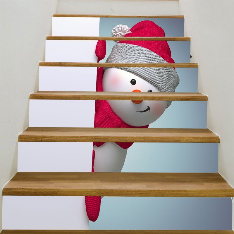 

Decorative Red Hat Christmas Snowman Printed Stair Stickers, Colorful