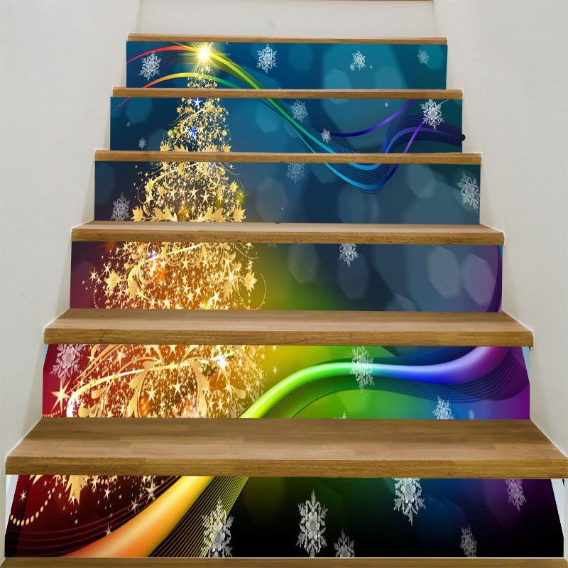

Golden Star Christmas Tree Printed Decorative Stair Stickers, Colorful