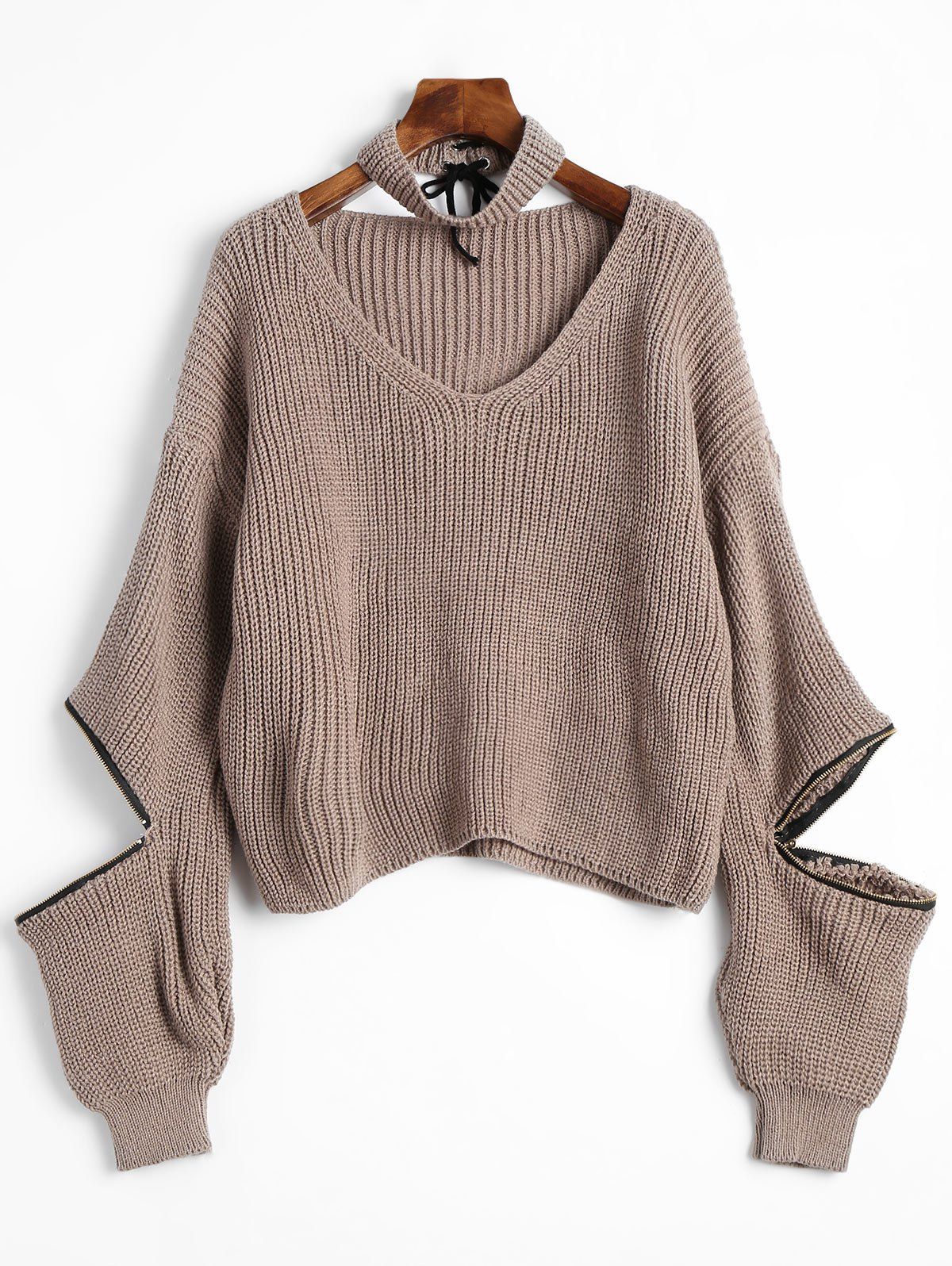 

V Neck Zip Embellished Sweater with Choker, Khaki