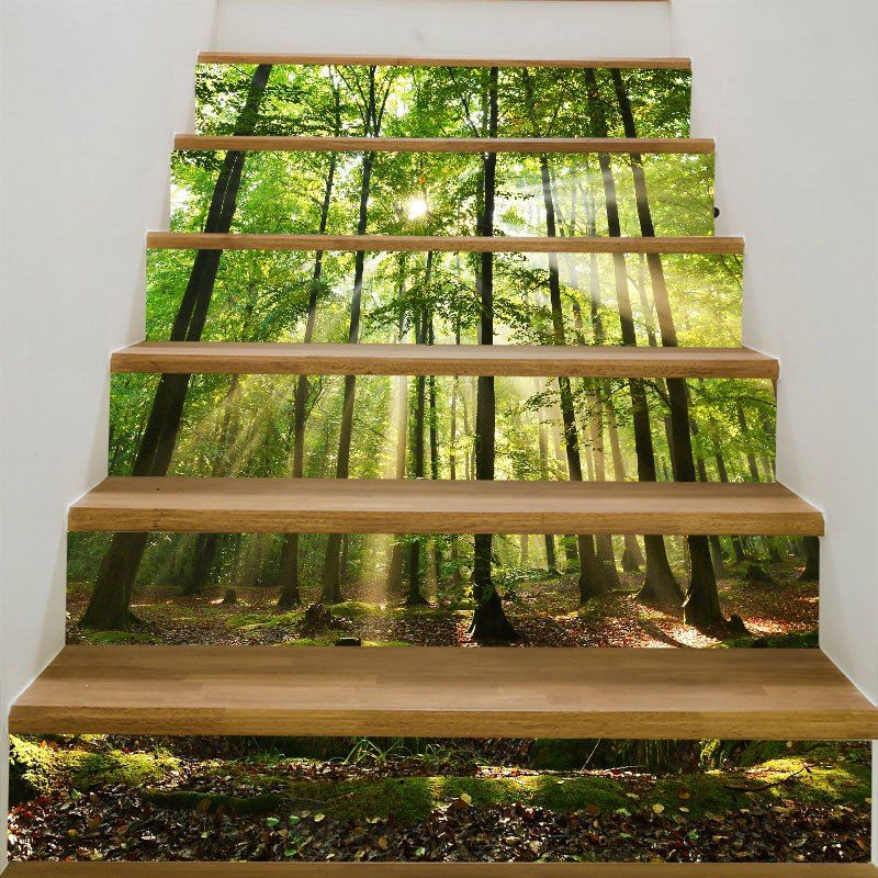 

6Pcs Sunlight Forest Printed Stair Stickers, Green