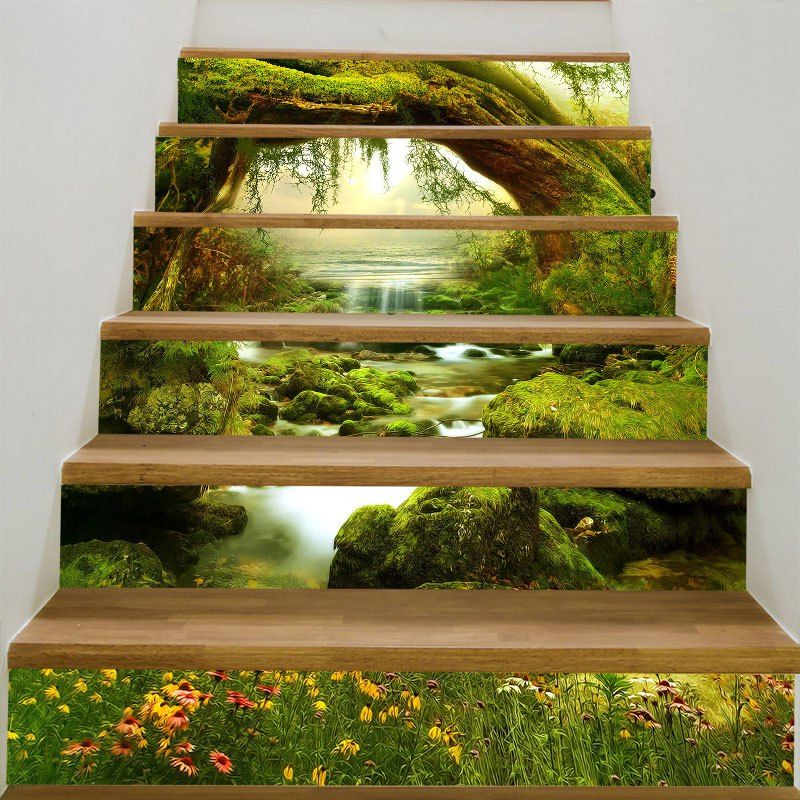 

Tree Hole Stream Scenery Print 6Pcs Stair Stickers, Green