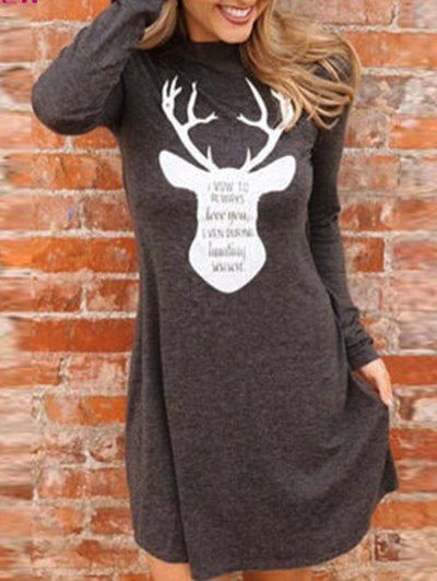 

Christmas Elk Print Long Sleeve Tee Dress, Coffee