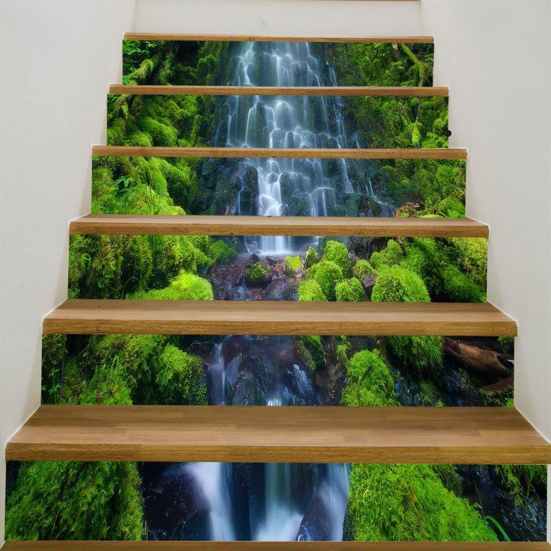 

6Pcs Mountain Waterfall Patterned Stair Stickers, Green