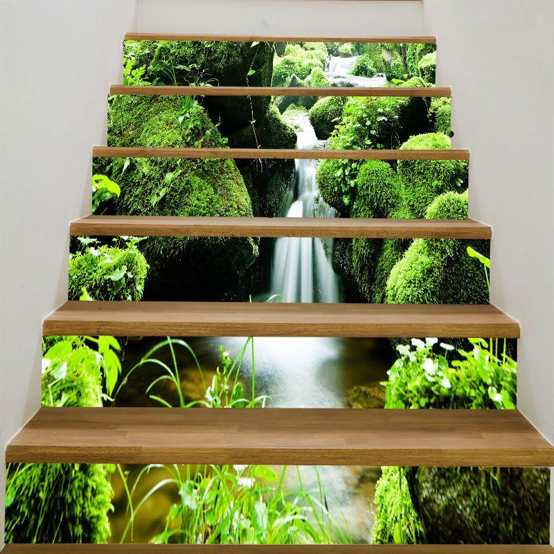 

6Pcs Mountains Stream Printed Stair Stickers, Green