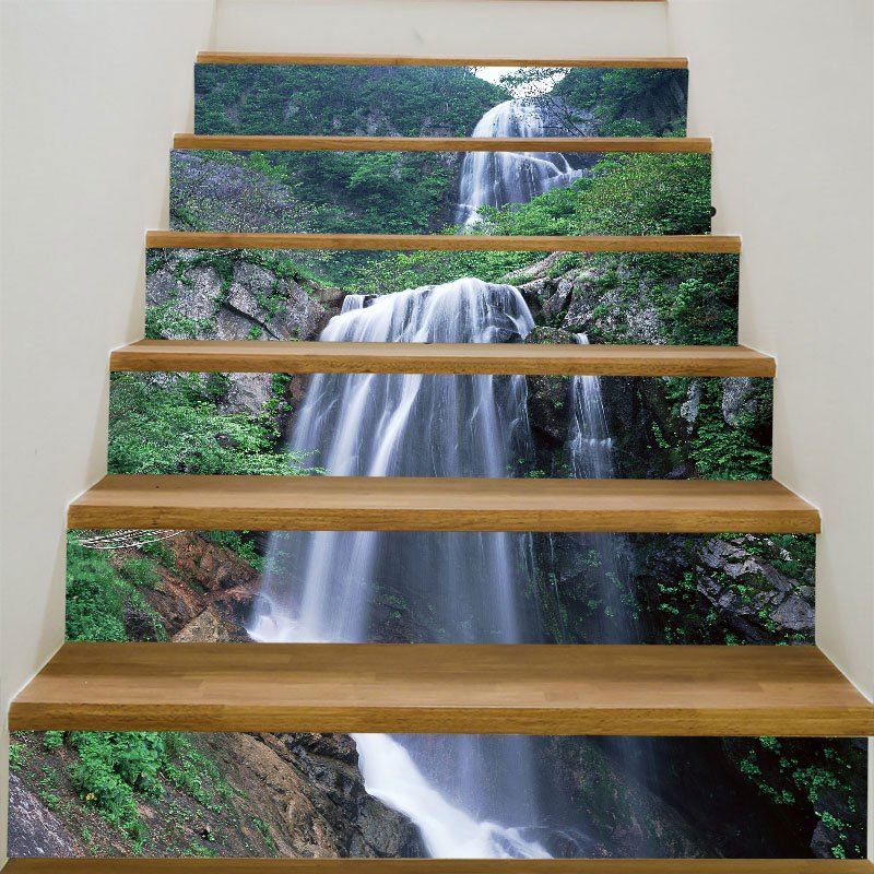 

Mountain Layered Waterfall Print 6Pcs Stair Stickers, Green