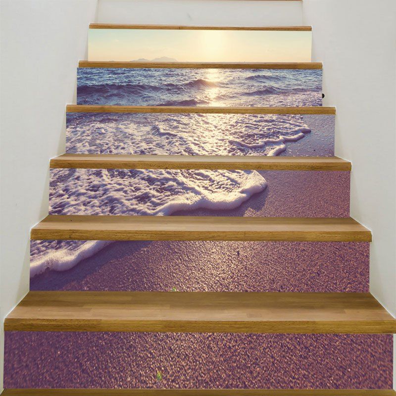 

6Pcs Sunset Sea Waves Beach Printed Stair Stickers, Purple