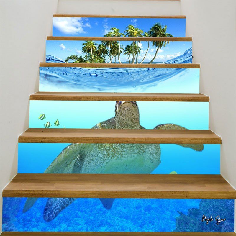 

Sea Turtle Coconut Trees Patterned 3D Stair Stickers, Blue