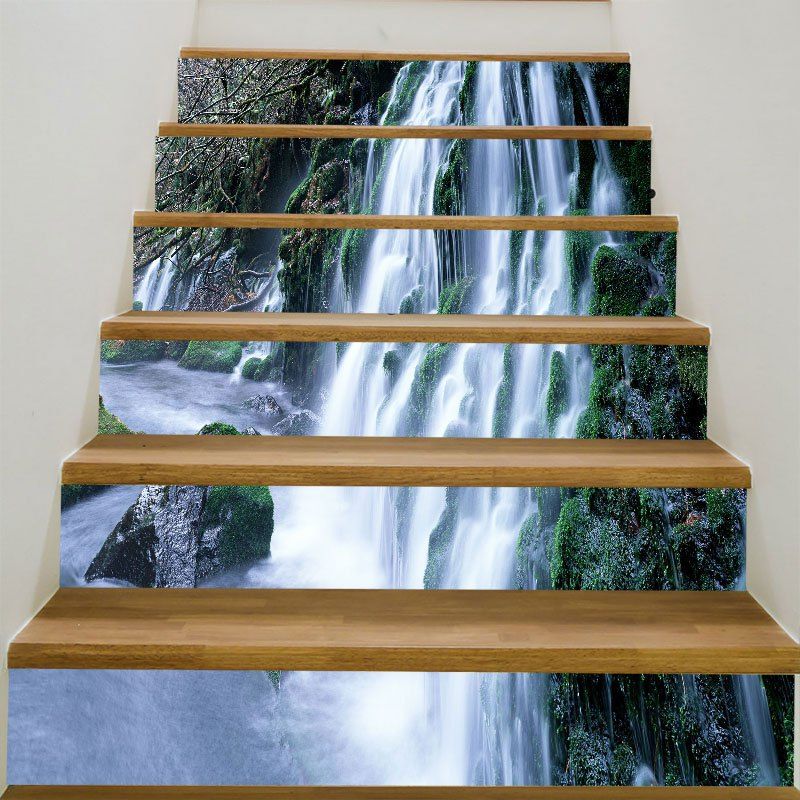 

6Pcs Mountain Waterfall Printed Stair Stickers, Turquoise