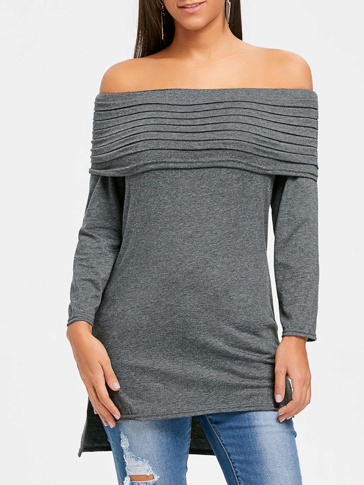 

Off The Shoulder Pleated Tunic Top, Dark gray
