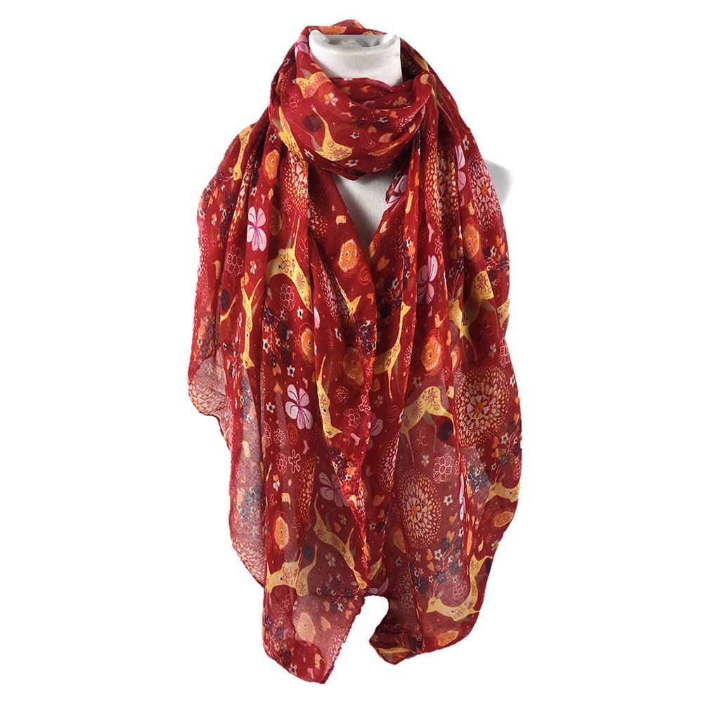 

Soft Christmas Deer and Flower Embellished Long Scarf, Red