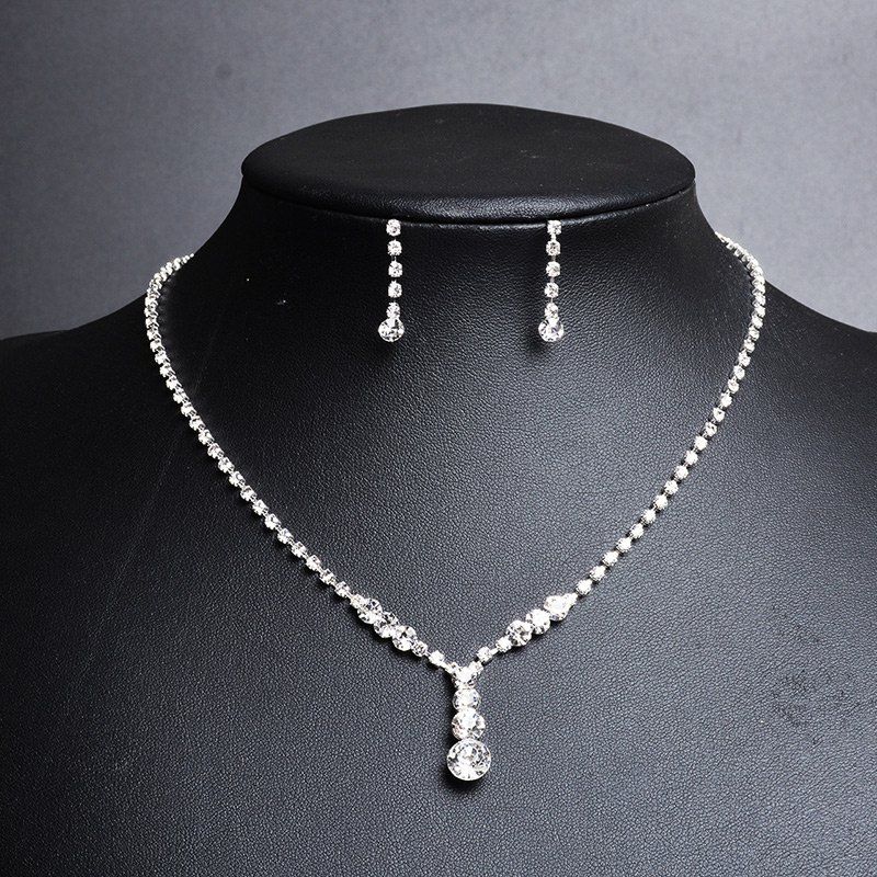 

Rhinestone Teardrop Necklace with Earring Set, Silver