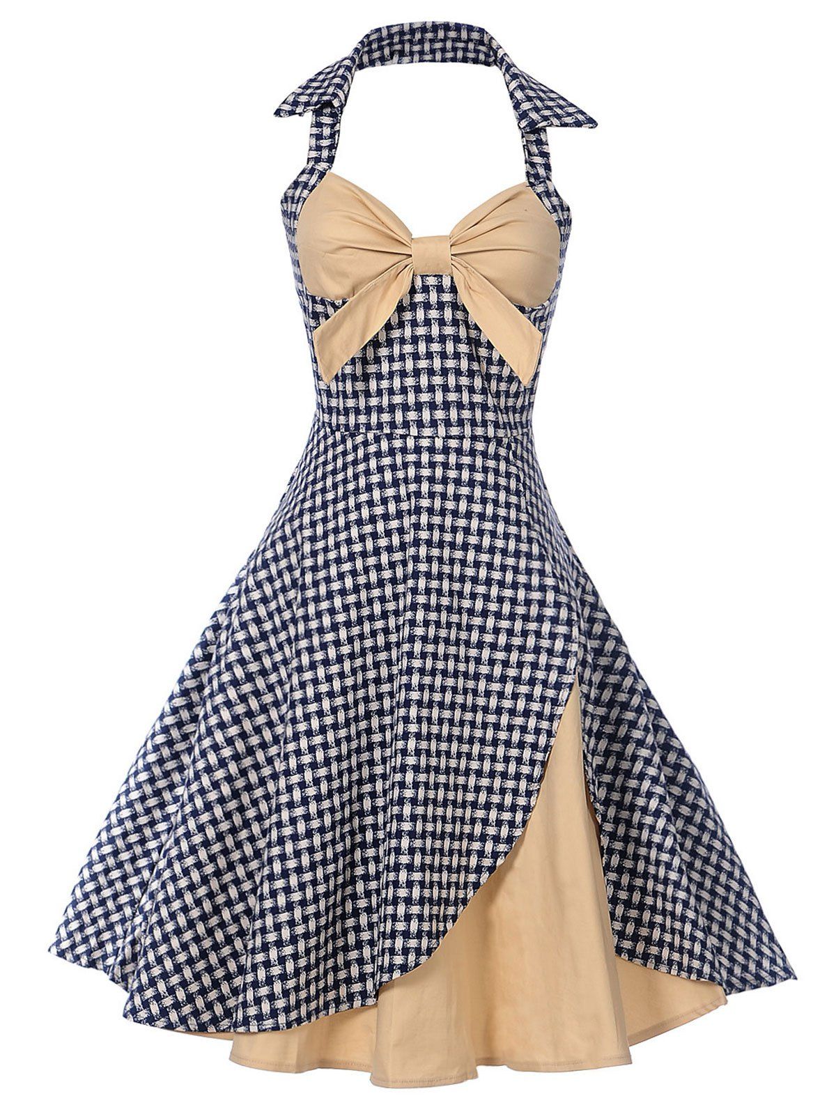

Vintage Bowknot Plaid Halter Pin Up Dress, Apricot