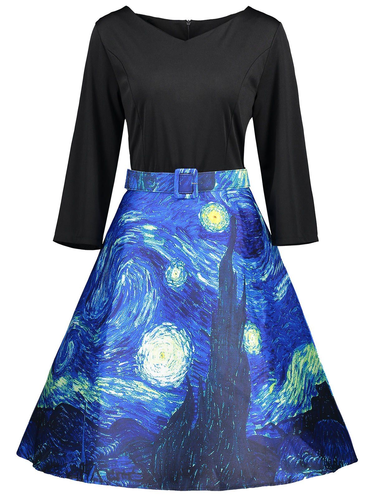 

Vintage Printed Skater Pin Up Dress, Blue and black