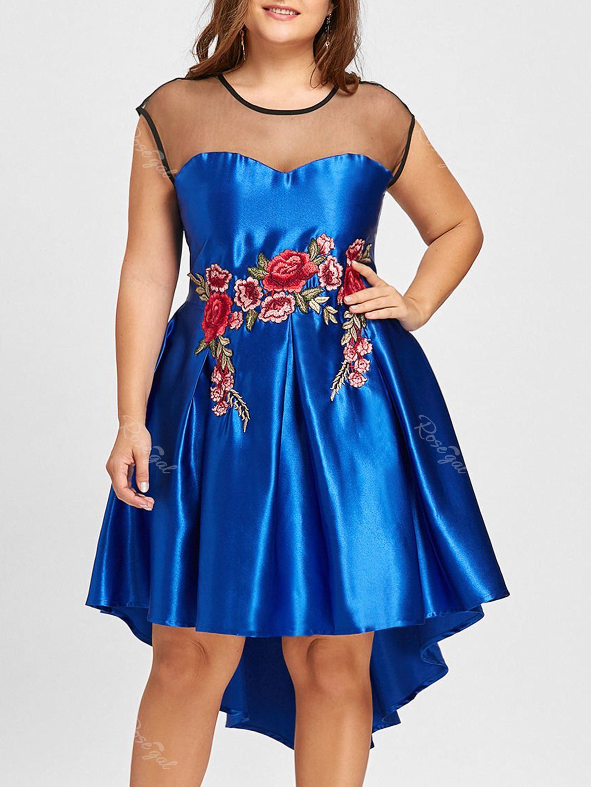

Plus Size Floral Applique Mesh Panel Dress, Blue