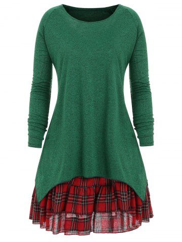 Red/green 4xl Christmas Plaid Skirt Plus Size Long Sleeve Set | RoseGal.com