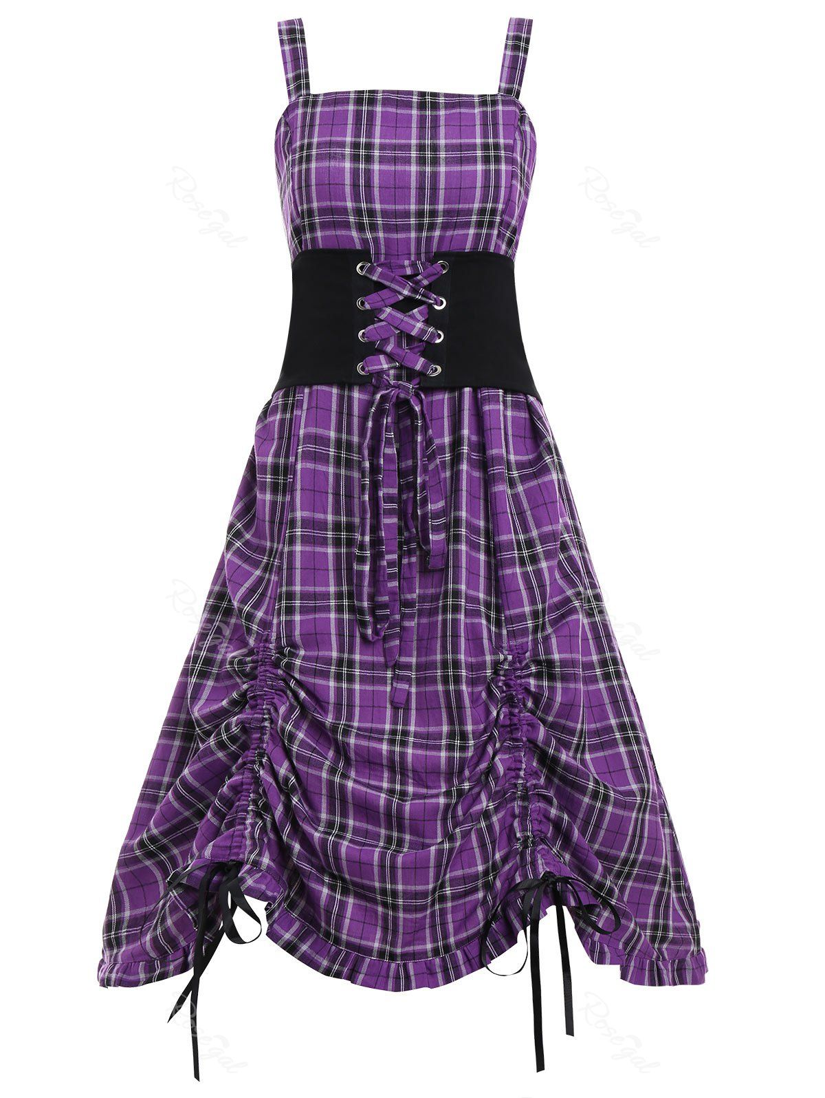 

Plaid Lace Up Corset Waist Plus Size Dress, Purple