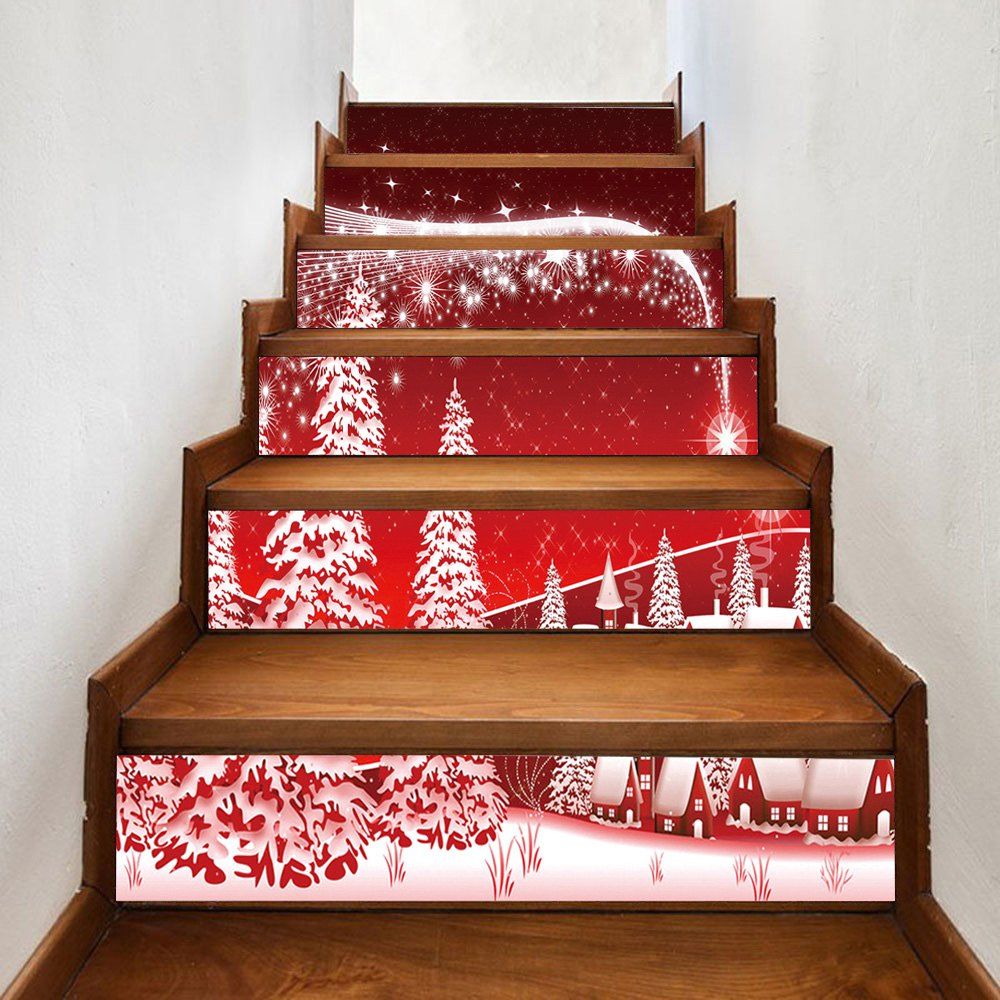 

Christmas Forest Village Pattern Decorative Stair Stickers, Red