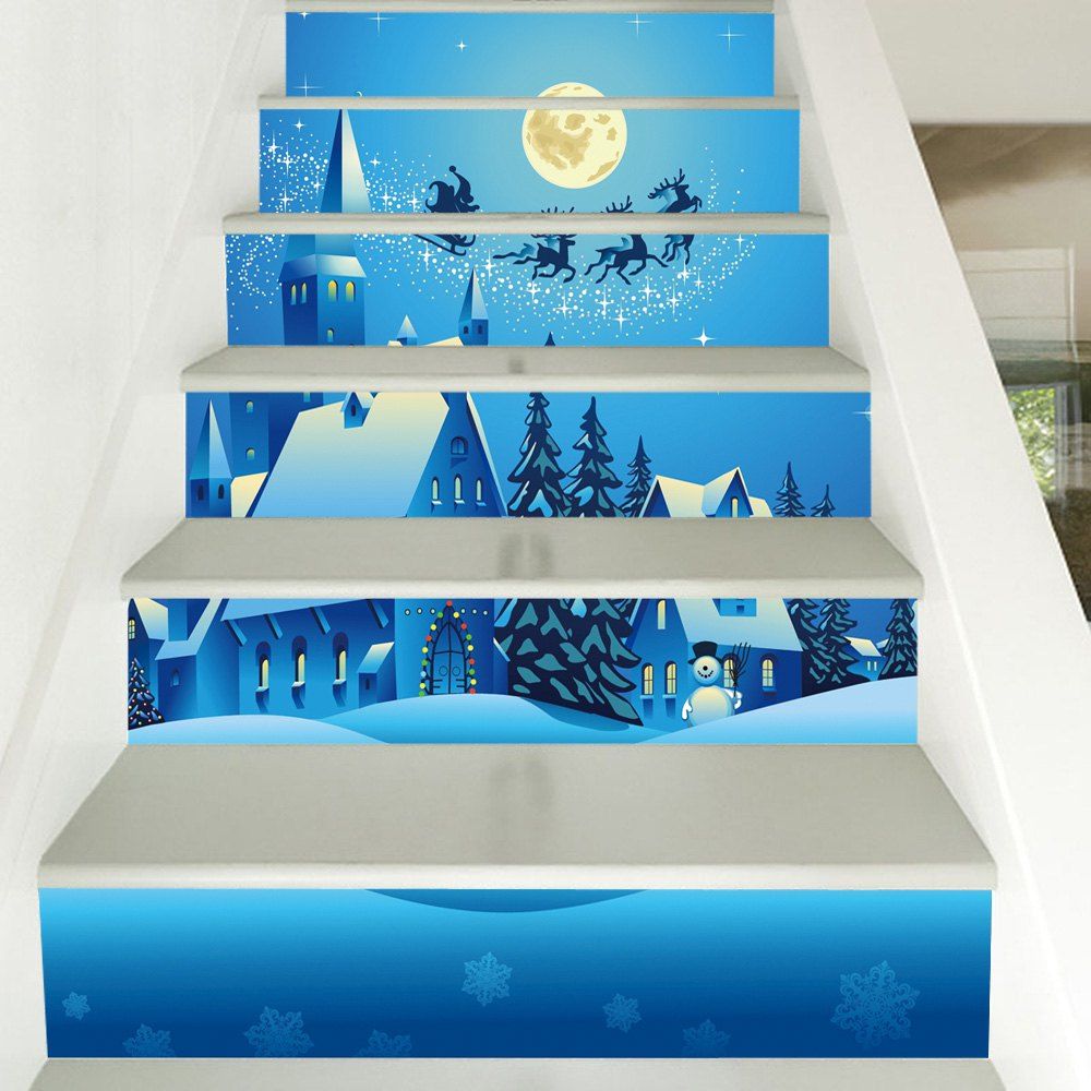 

Christmas Night House Pattern Decorative Stair Stickers, Blue
