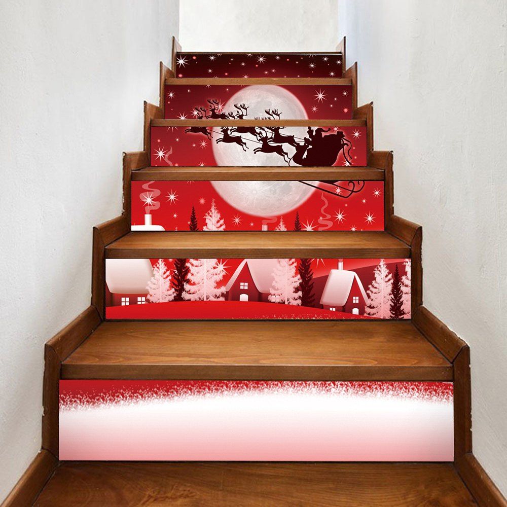 

Christmas Night Village Pattern Decorative Stair Stickers, Red