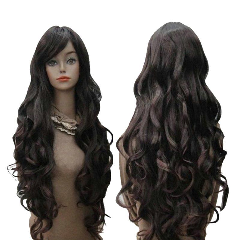 

Long Inclined Bang Wavy Synthetic Wig, Deep brown