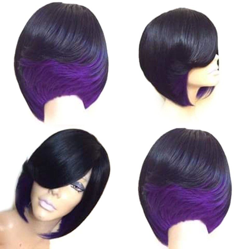 

Short Side Fringe Straight Feathered Bob Synthetic Wig, Black and purple