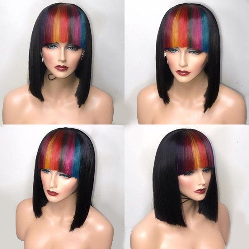 

Short Straight Bob Synthetic Wig With Colored Full Bang, Colormix