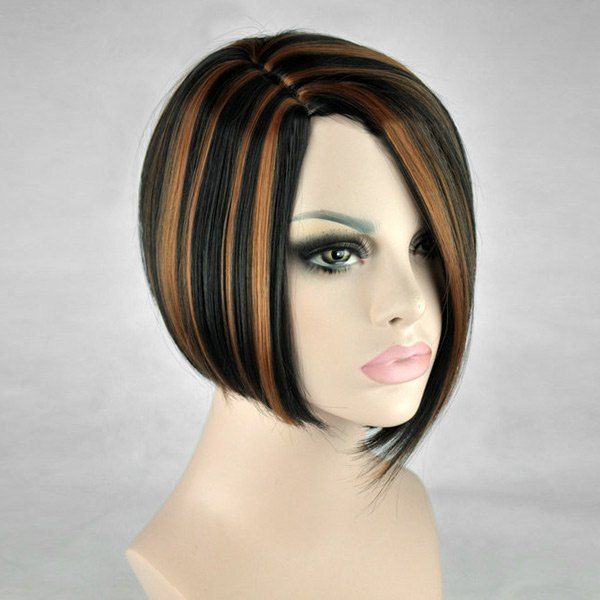 

Short Side Parting Straight Bob Highlight Synthetic Wig, Black and brown