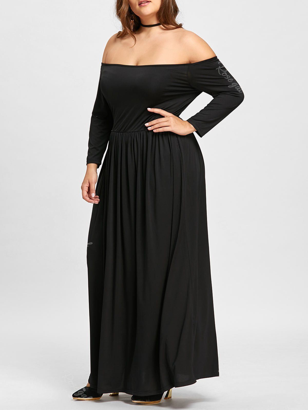 

Empire Waist Plus Size Off The Shoulder Maxi Formal Dress, Black