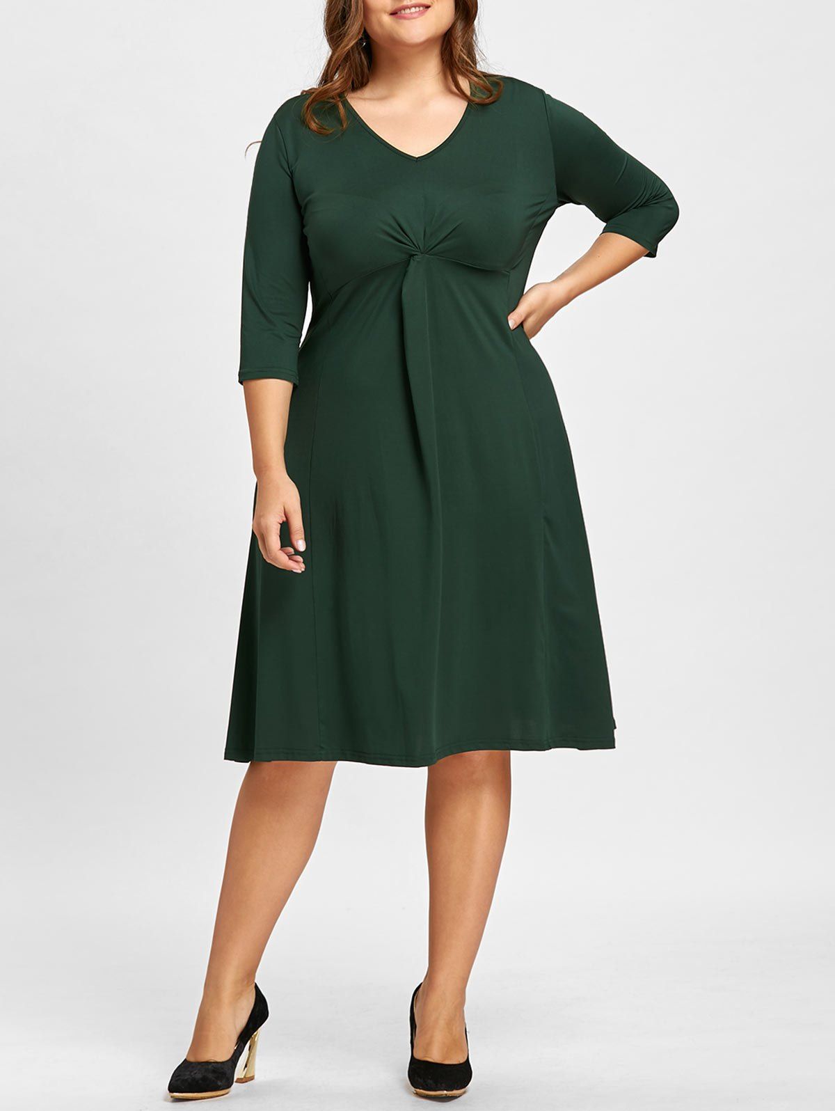 

Plus Size Knot V Neck Midi Jersey Dress, Blackish green