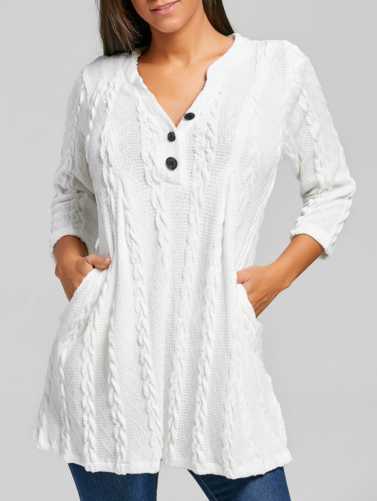

Cable Knitted V Neck Tunic Sweater, White