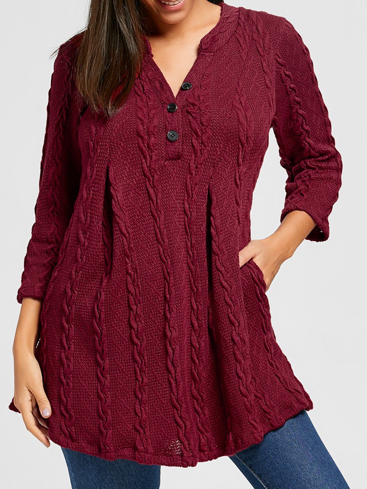 

Cable Knitted V Neck Tunic Sweater, Wine red