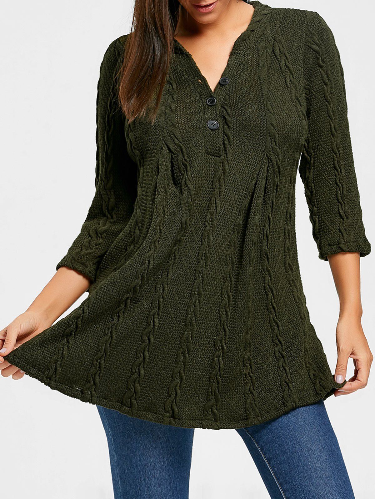 

Cable Knitted V Neck Tunic Sweater, Army green