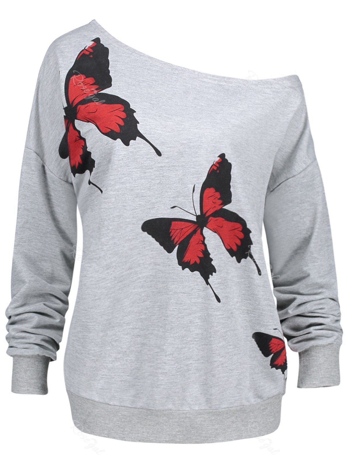 

Plus Size Butterfly Printed Skew Neck Sweatshirt, Gray