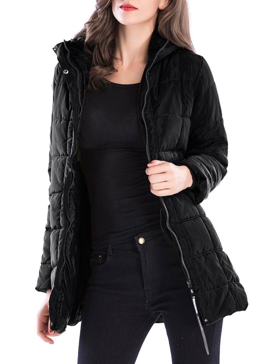 

Long Zip Up Hooded Down Coat, Black