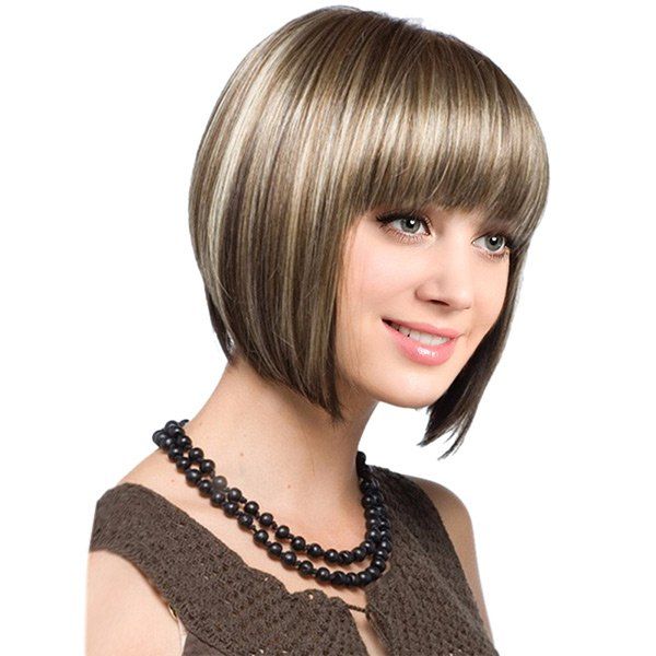 

Short Full Bang Colormix Straight Bob Synthetic Wig, Coffee and golden