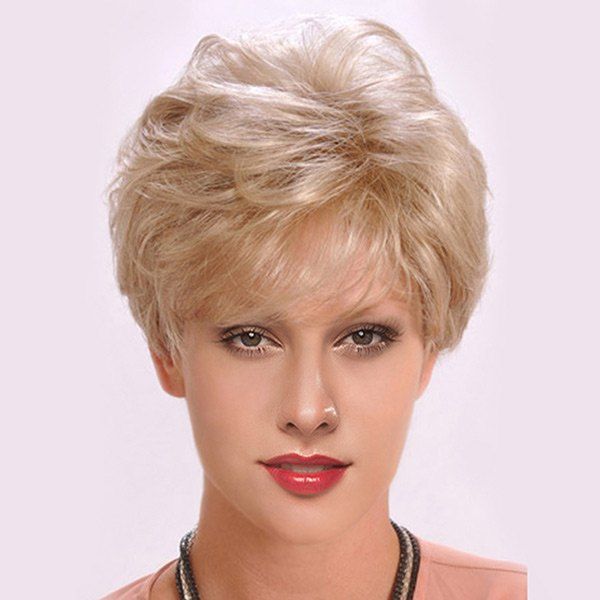 

Short Side Bang Layered Shaggy Slightly Curly Synthetic Wig, Light gold