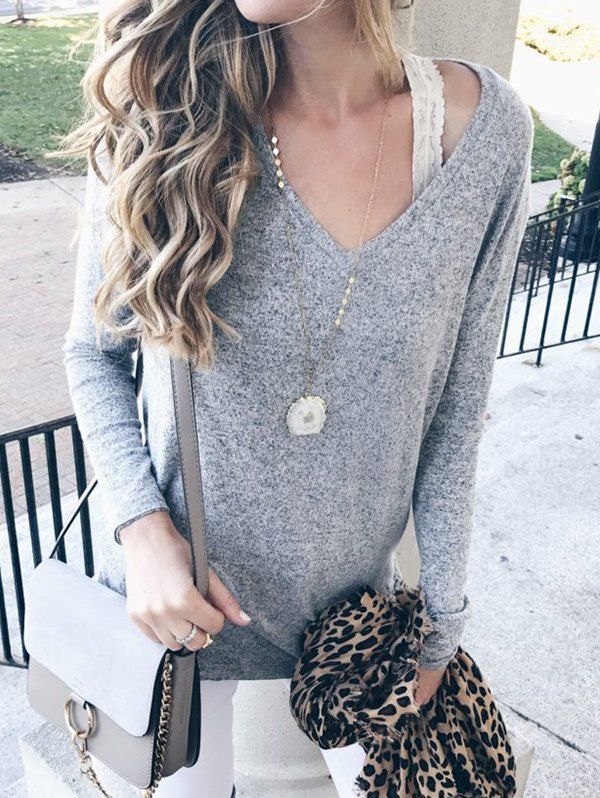 

V Neck Wide-waist Sweater, Gray