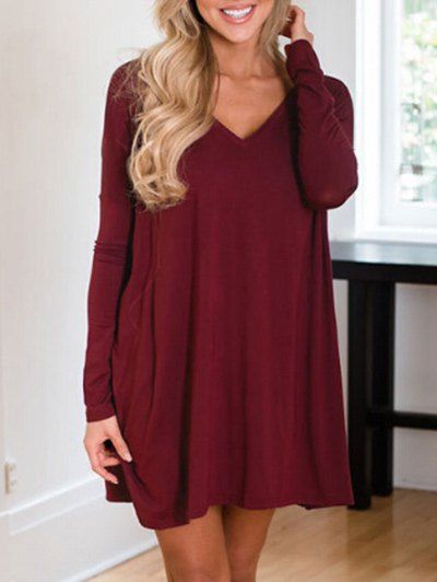 

Drop Shoulder V Neck Shift Dress, Wine red