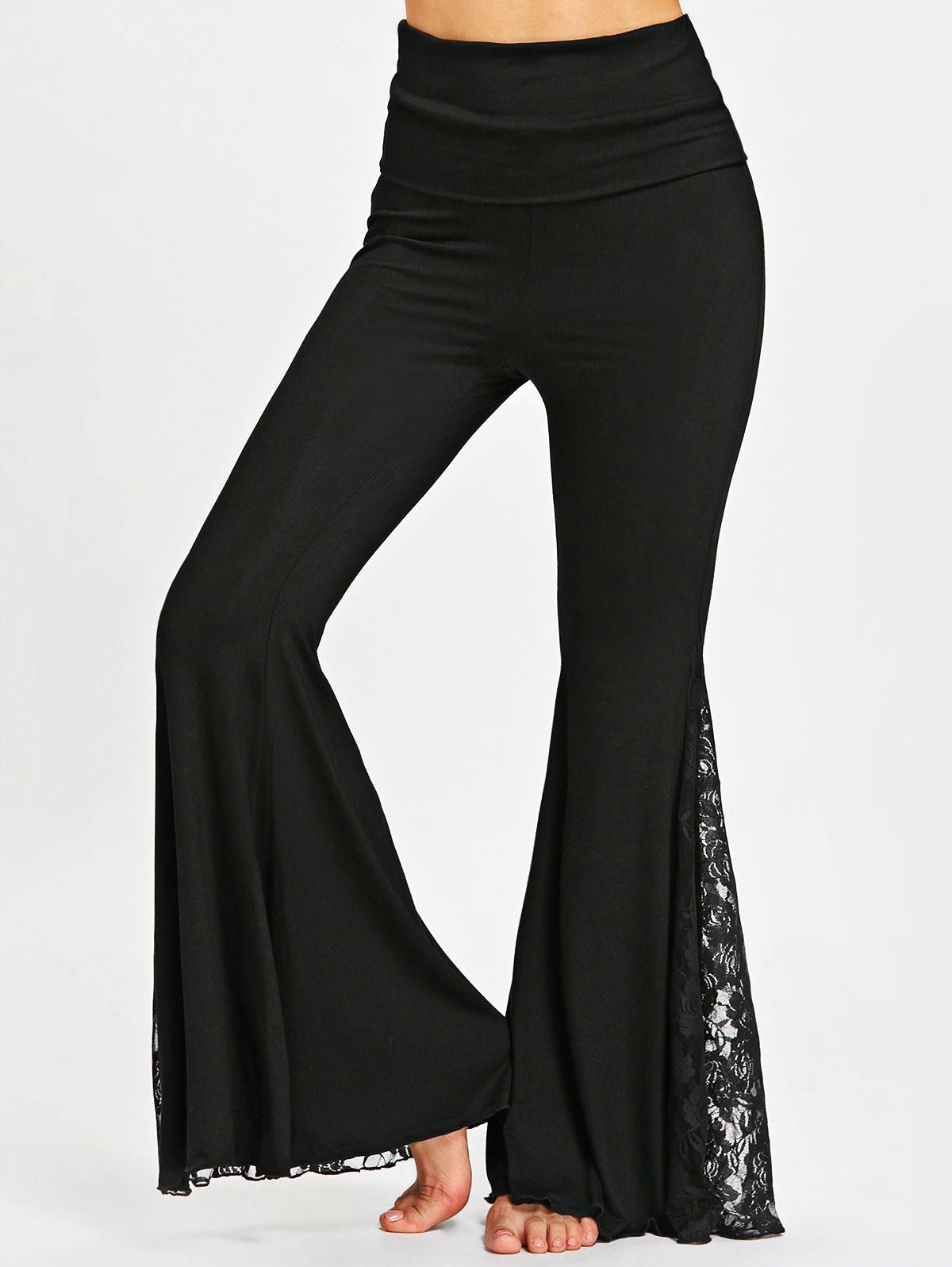 

Lace Panel High Waisted Flare Pants, Black