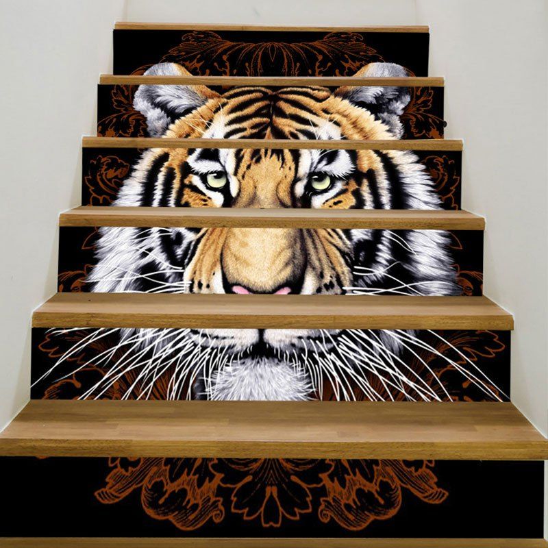 

3D Tiger Head Printed Decorative Stair Stickers, Brown