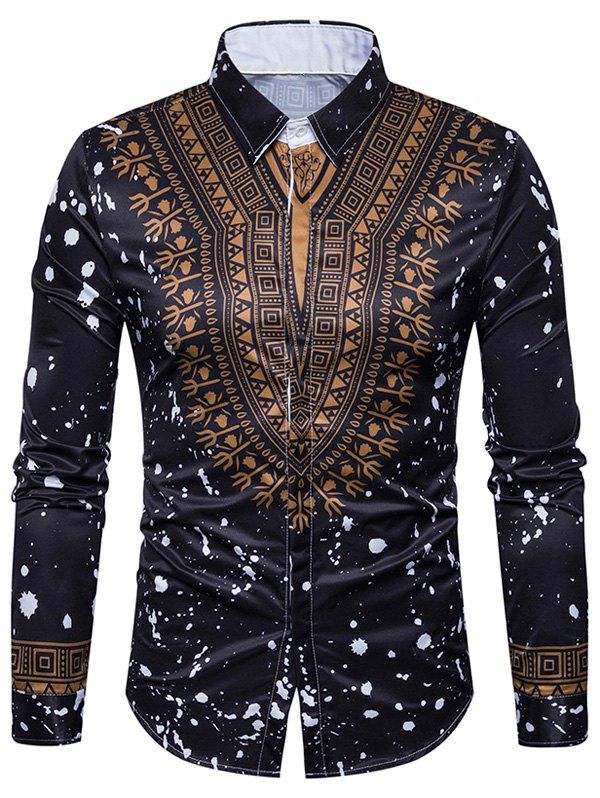 

Geometric Splatter Paint Print Ethnic Shirt, Black