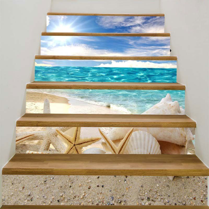 

Sunny Beach with Shell and Starfish Decoration Stair Stickers, Colorful