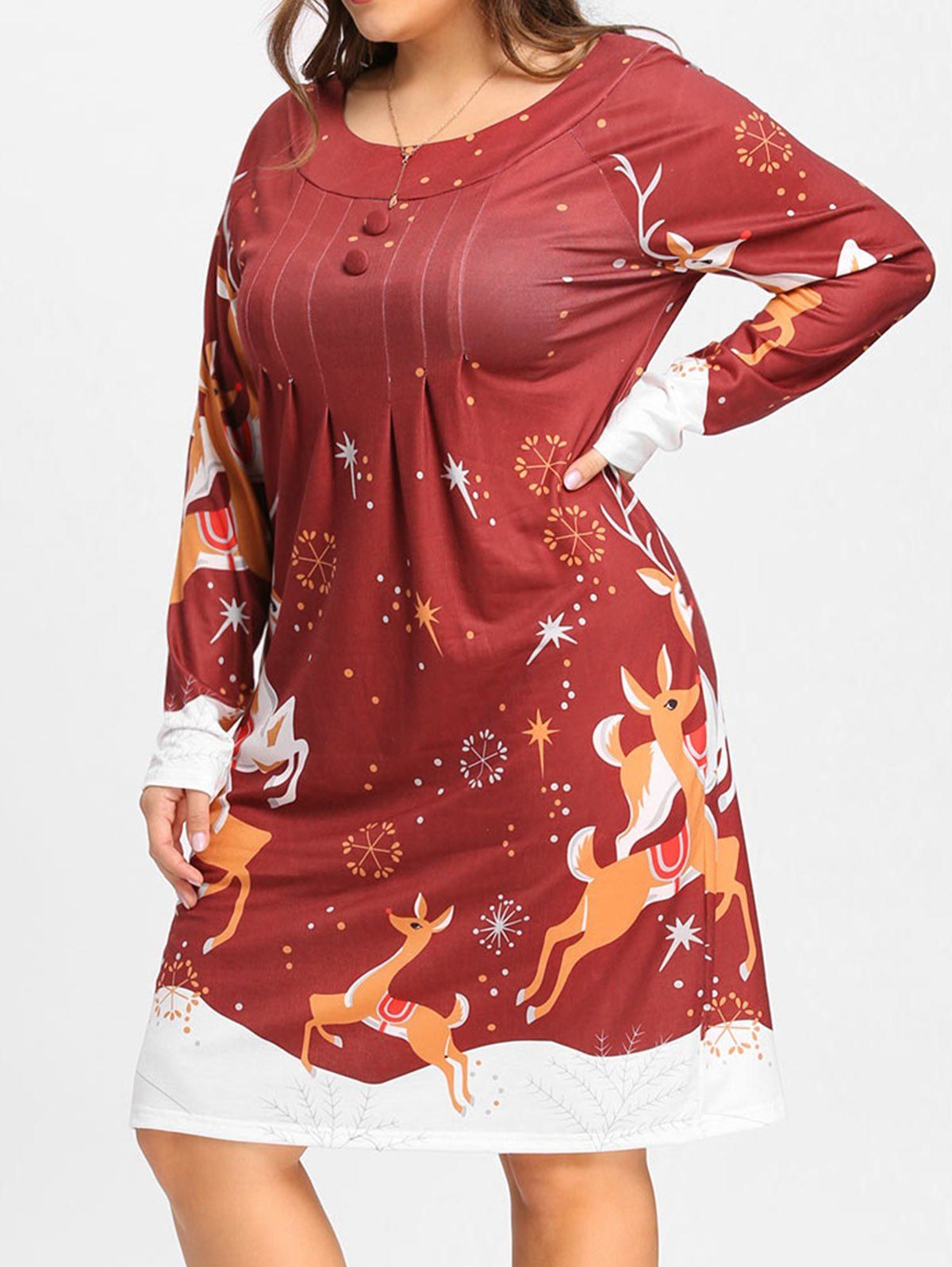 

Christmas Elk Plus Size Long Sleeve Shirt Dress, Wine red