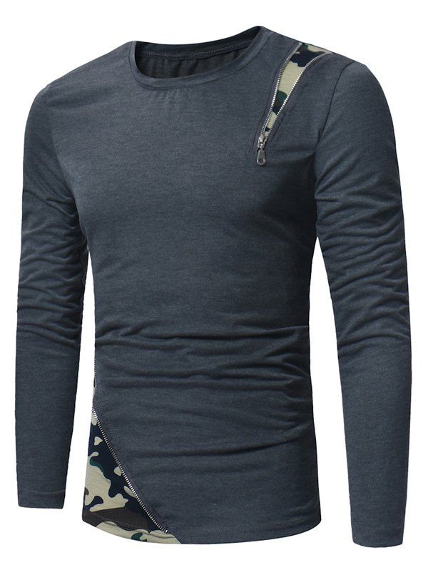 

Crew Neck Camouflage Zipper Panel T-shirt, Deep gray