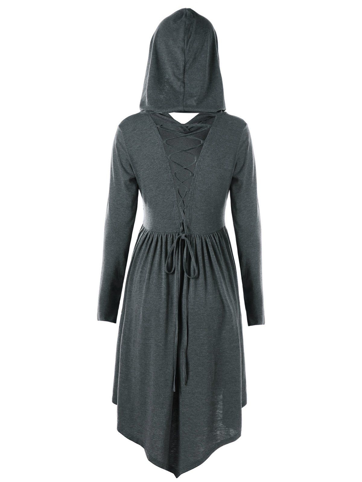 

Hooded High Low Criss Cross Cutout Dress, Gray