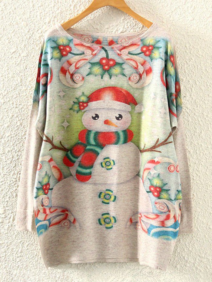 

Christmas Snowman Print Dolman Sleeve Knitwear, Beige
