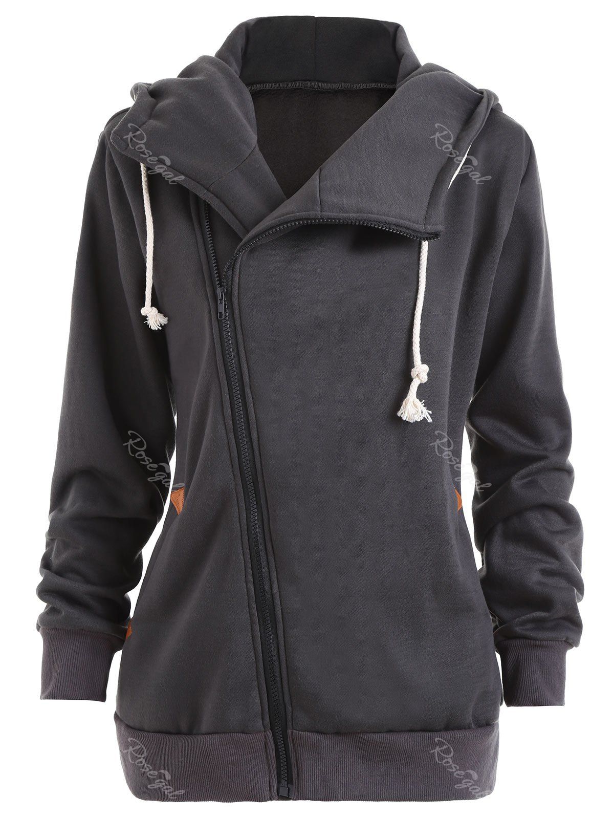 

Plus Size Flocking Inclined Zipper Hooded Coat, Deep gray