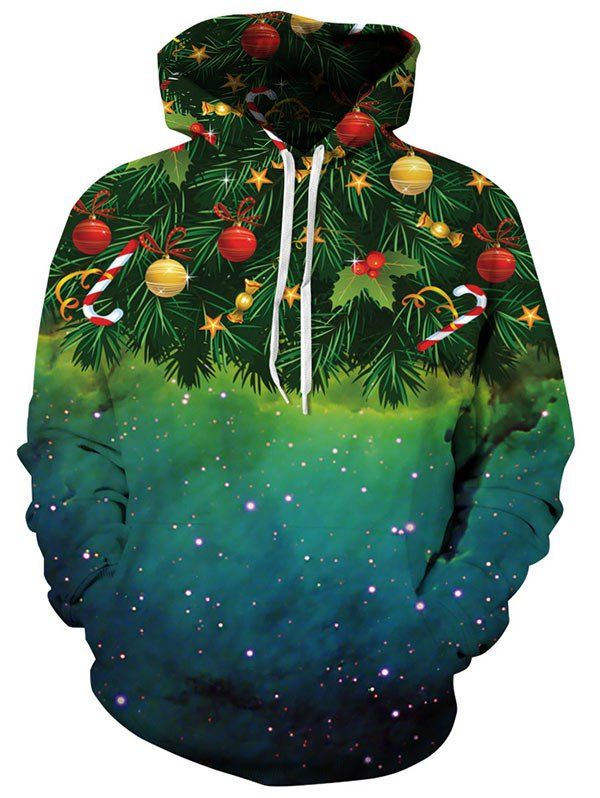 

Kangaroo Pocket Christmas Tree Print Hoodie, Green