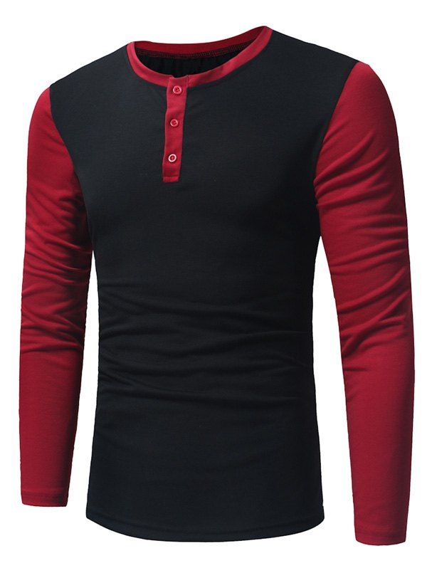 

Long Sleeve Color Block Panel Henley T-Shirt, Black